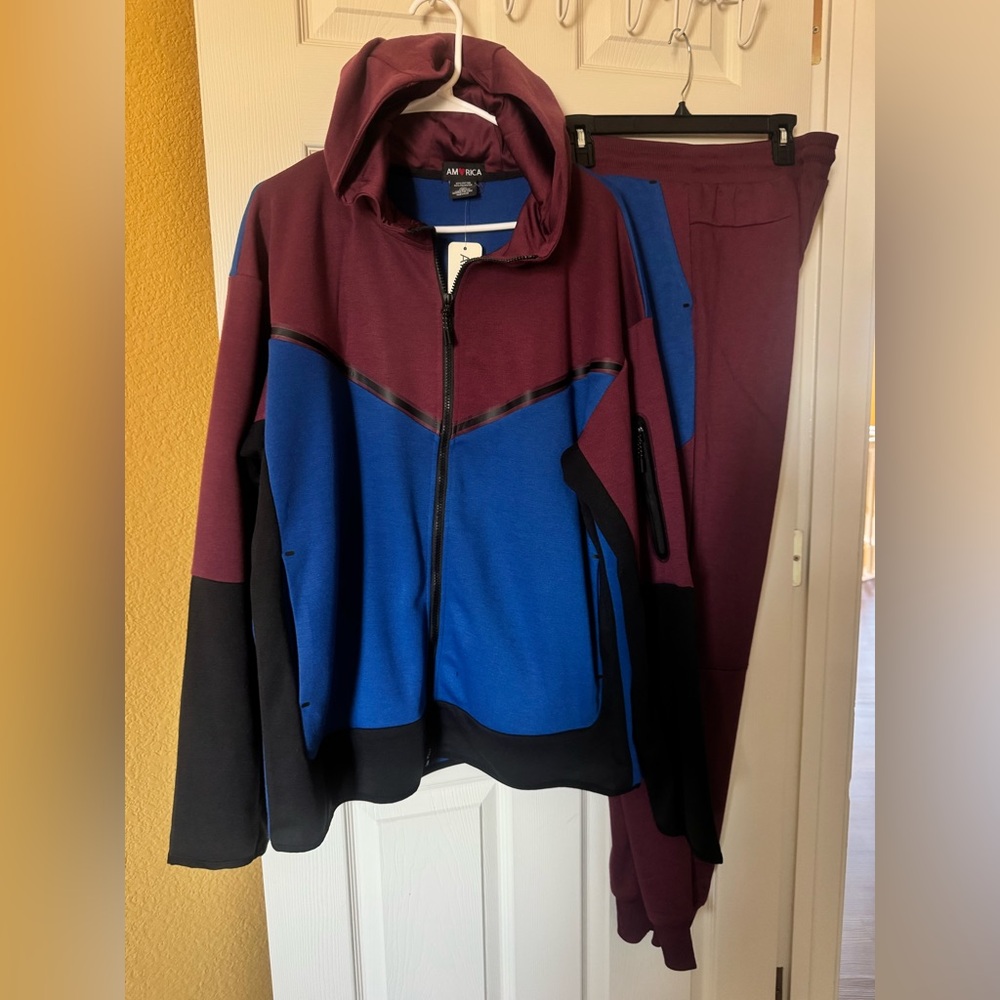Amorica Colorblock Hooded Burgundy, Blue and Black Sweatsuit.